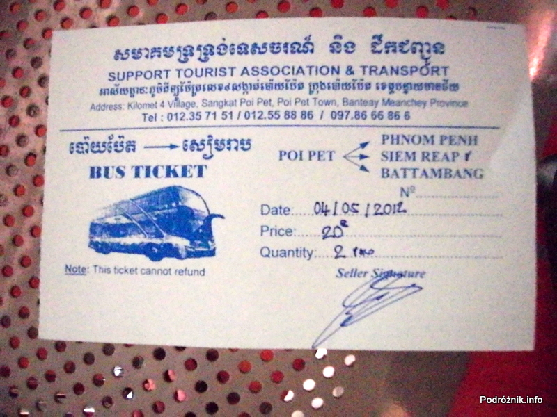 Kambodża - Poipet - maj 2012 - bilet na busa z Poipet do Siem Reap