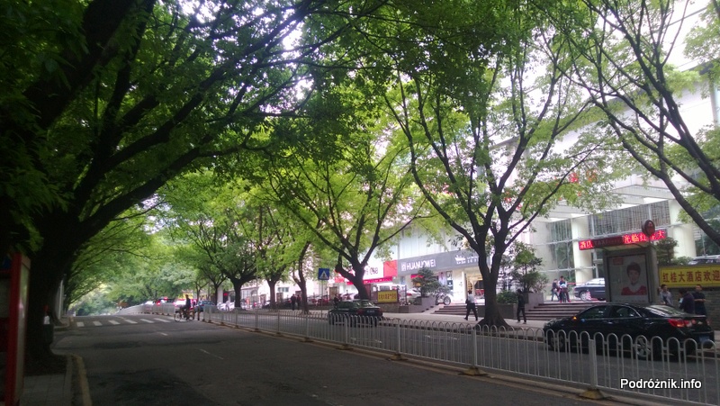 Chiny - Shenzhen - metalowe barierki oddzielające przeciwne pasy ruchu oraz drzewa przy ulicy - kwiecień 2013
