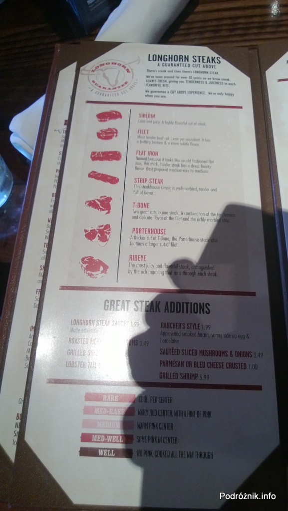 USA - przedmieścia Chicago - Longhorn Steaks - menu - rodzaje mięsa na steki - czerwiec 2013