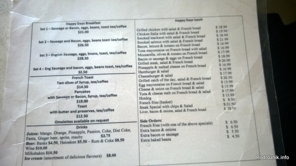 Barbados - menu w barze z cenami - maj 2014