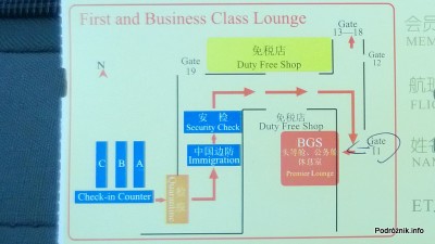 Chiny - Pekin - Lotnisko - BGS Premier Lounge Beijing Capital International Airport Terminal 2 - mapka jak dotrzeć od odprawy bagażowej - kwiecień 2013