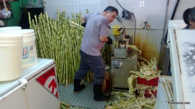 Chiny - Makao - mężczyzna przy elektrycznej prasie do wyciskania soku z trzciny cukrowej - kwiecień 2013