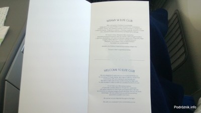 Polskie Linie Lotnicze LOT - Boeing 787 Dreamliner (SP-LRA) - Klasa Biznes (Elite Club) - menu - powitanie - czerwiec 2013