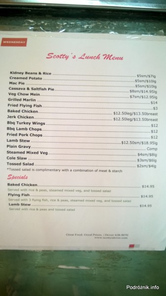 Barbados - Scotty's lunch menu - ceny jedzenia - maj 2014